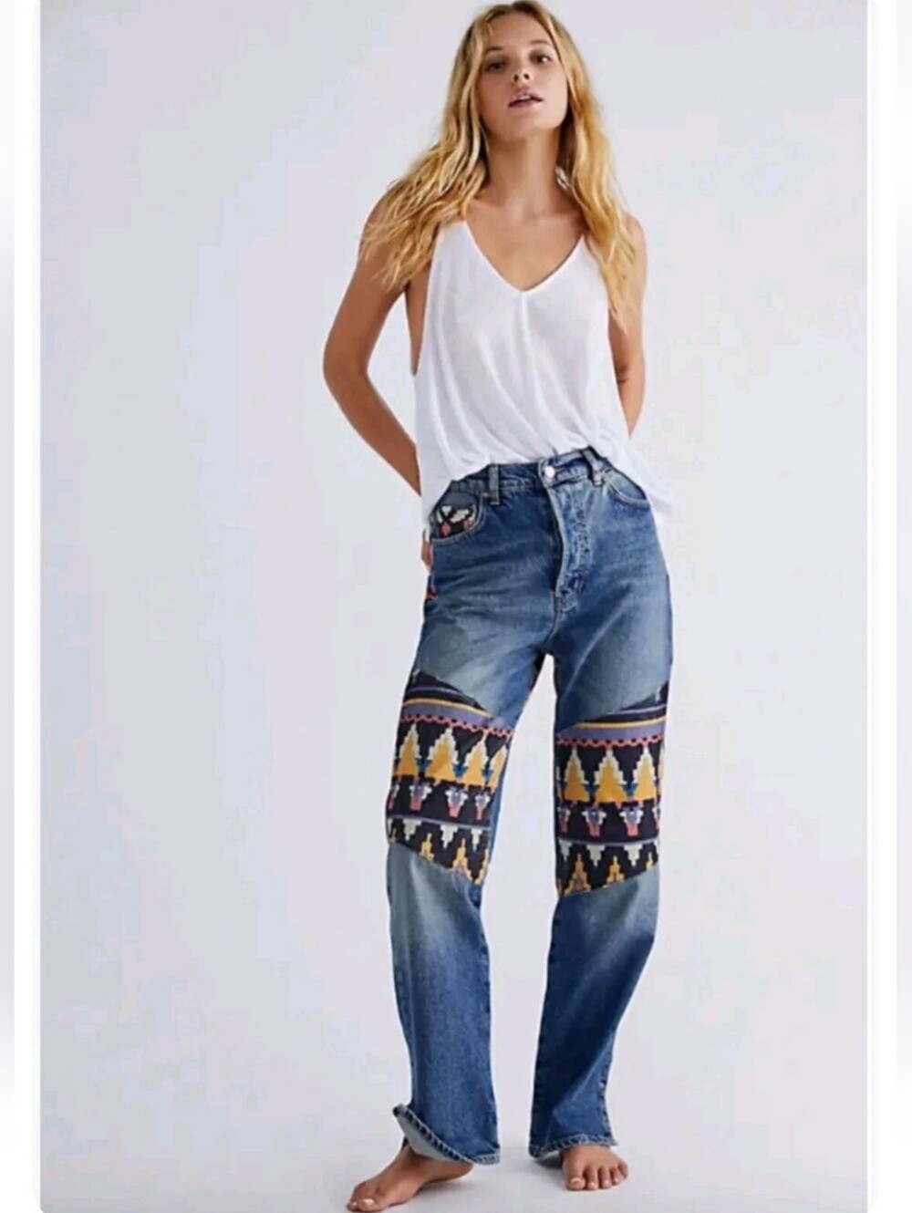 FREE PEOPLE Rocky Mountain High Denim Boho Western Cowgirl Jeans Tribal 25 EUC